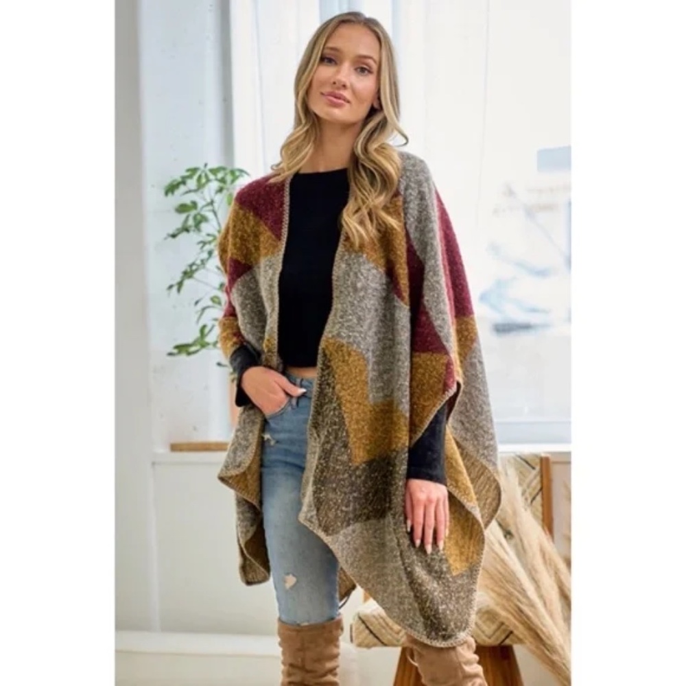 SOLD OUT Wine Multi Color Knit Shawl Open Wrap Geo Block Cardigan Sweater - Picture 2 of 8